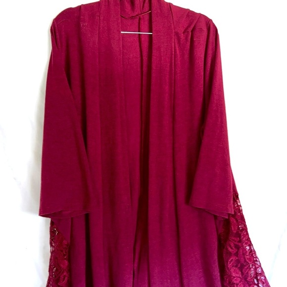 Sweaters - Cardigan, Plus Size, PTP 28”, L 33-37”, soft material with lace hips, Maroon